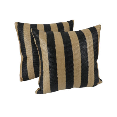 2-Pack 18x18 Inch Simulated Straw Weaving Striped Outdoor Throw Pillows for Garden, Porch & Poolside, Black/Yellow Stripe