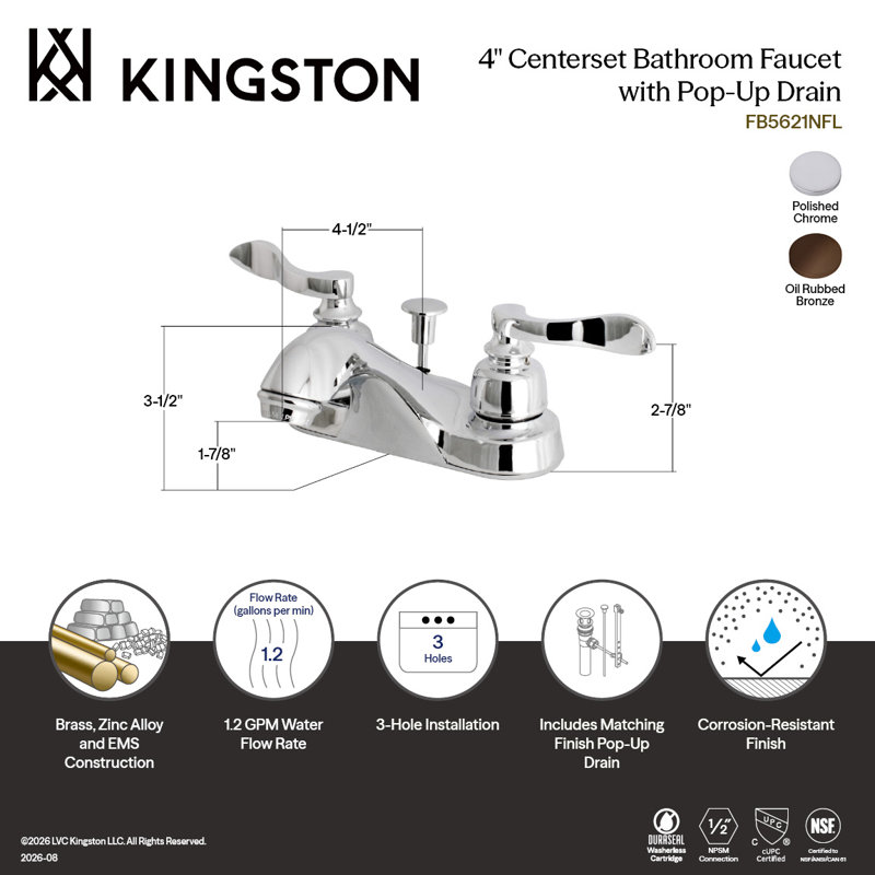 Robinet de salle de bain central à 4 poignées et 4 poignées à fixation sur le comptoir à 3 trous avec robinet escamotable en plastique Kingston Brass NuWave