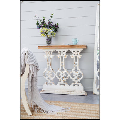 32X12x32 Classic Vintage White Wash Console Table With Brown Wood Top, Perfect For Modern And Traditional Interiors