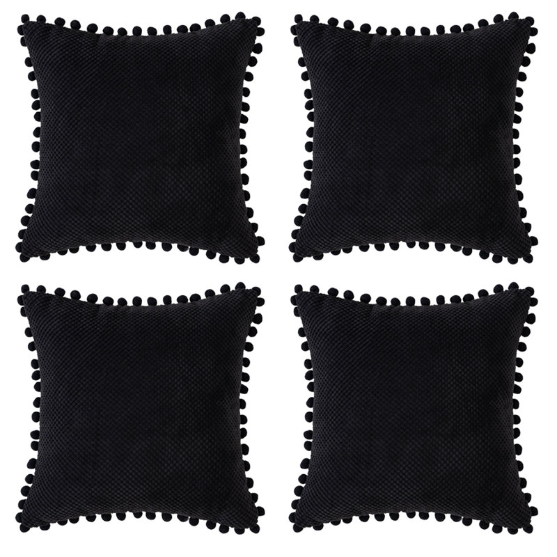  Coussin Pom-Poms, 18 po x 18 po, Polyester/ bourre en polyester, Noir, noir, noir, noir