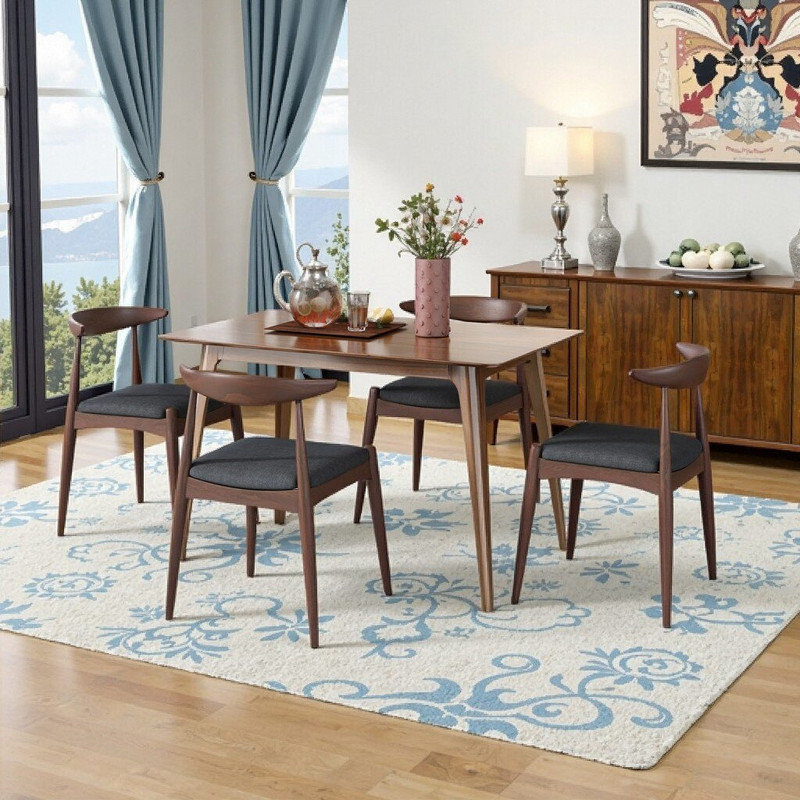 Ensemble de salle à manger 5 pièces 47,2 en bois d'hévéa et 4 chaises rembourrées, Gris anthracite, noyer