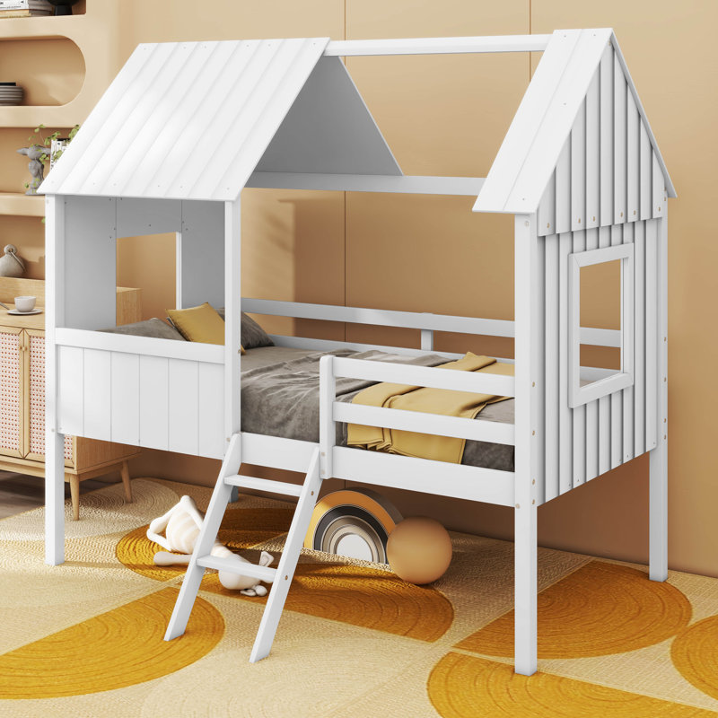 Emera Low Loft House Bed With Guardrails, White