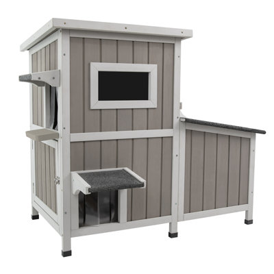 Maison pour chat 3 pièces avec double toit ouvrant, abri pour chat en bois résistant aux intempéries avec base surélevée et pieds en caoutchouc