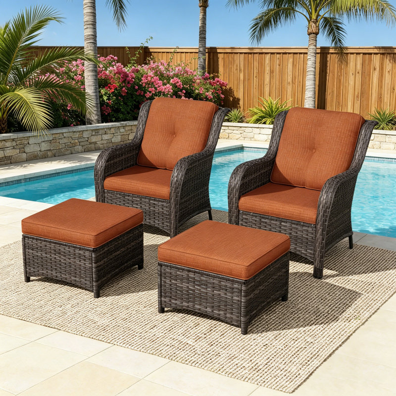 2-Person Polyethylene (PE) Wicker Outdoor Conversation Sets with 2  Chairs And 2 Ottomans, Orange