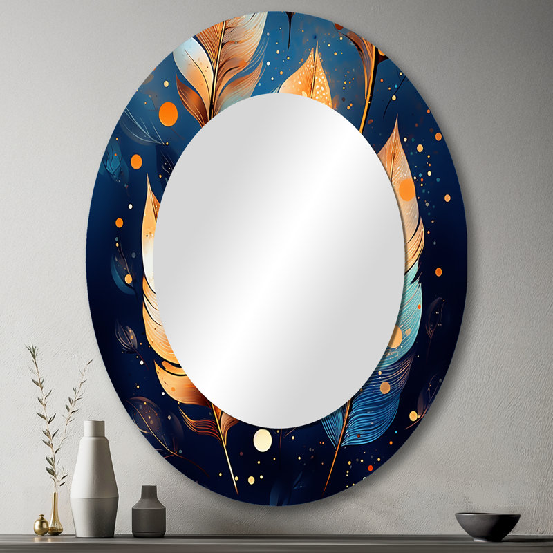 Miroir mural Boho Glam Gold Feathres On Cosmic Blue III - Bohemian, 43 po x 33 po