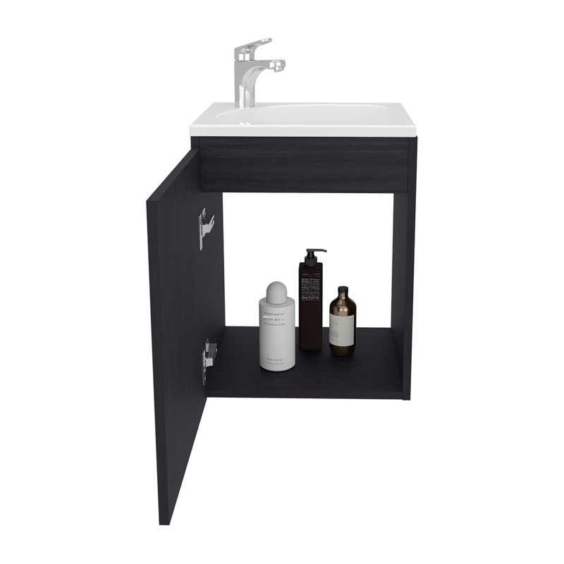 Meuble-lavabo large à une porte Saju, avec lavabo en résine et une tablette, rangement pour salle de bain, noir, Noir