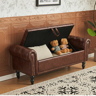 Banc de rangement Mid-Century moderne, banc rembourré en similicuir de 51 po de large avec accoudoirs, grand banc d'entrée en bois pour le salon, la chambre à coucher