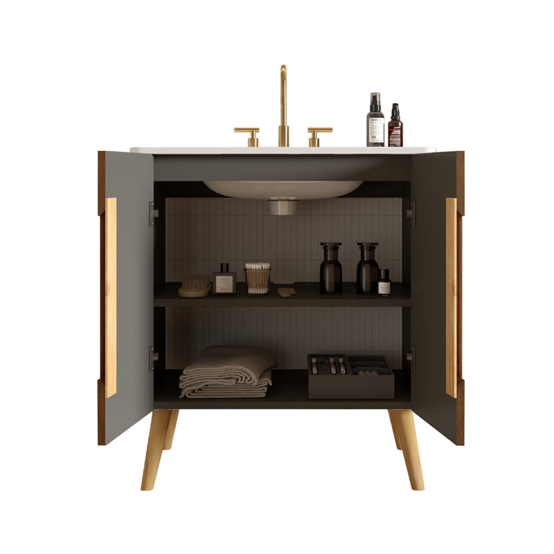 Meuble-lavabo 30 po en noyer rayé avec lavabo en céramique blanc de Carrare avec trois trous de robinet, grand meuble-lavabo autoportant pour salle de bain moderne, KD