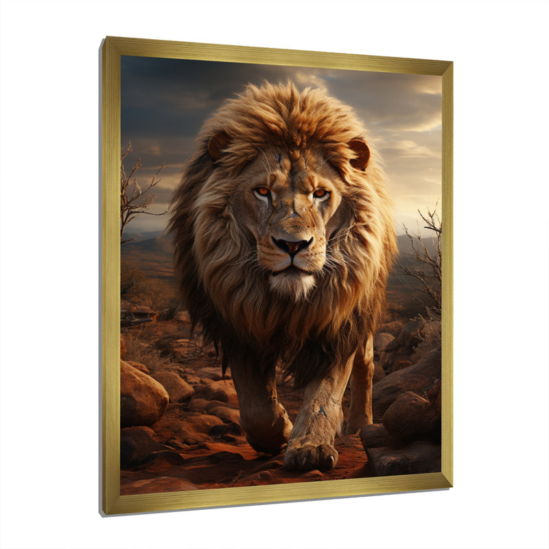 Moniet animal lion à Savan - impression, Toile avec cadre photo doré, H 32 po x l 16 po x P 1 po