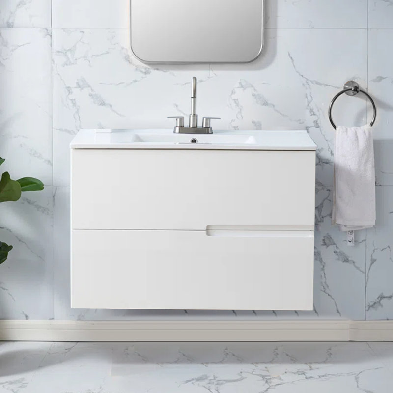 36'' White Modern Handle-Free Wall Mounted Single Bathroom Vanity Set