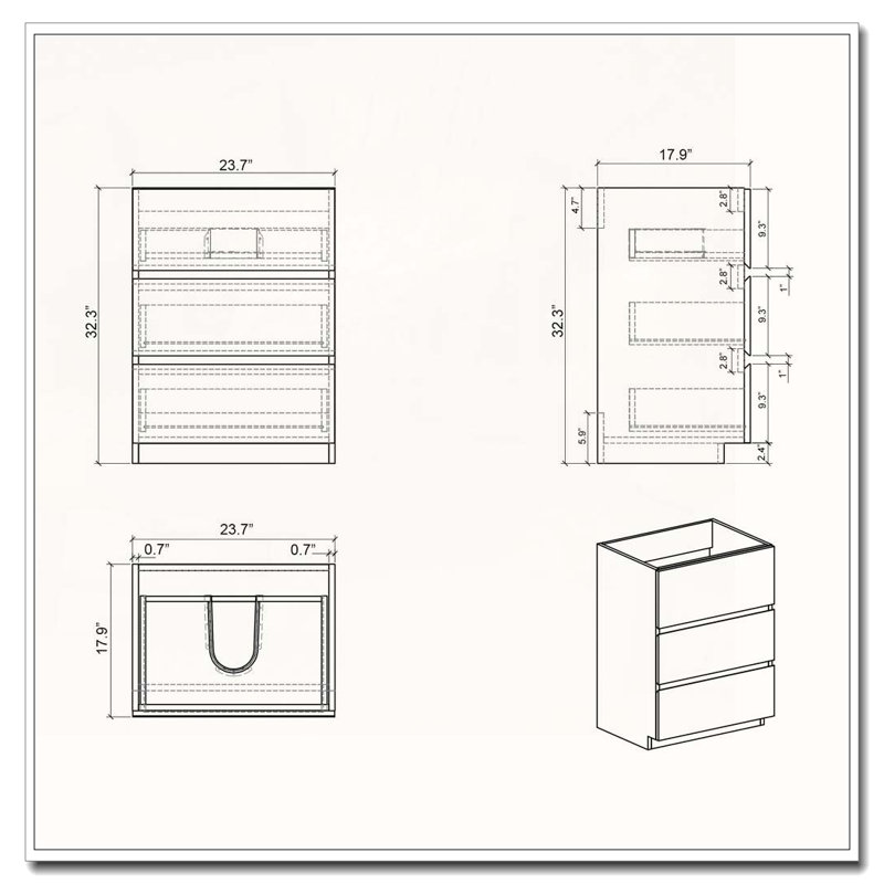 Floor Cabinet With Three Pre Assembled Handle Free Drawers, Walnut