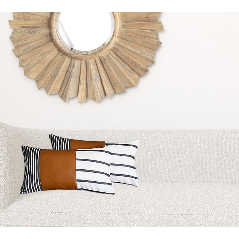 Brown and Ivory Striped Faux Leather Lumbar Pillow Covers, 12" x 20"