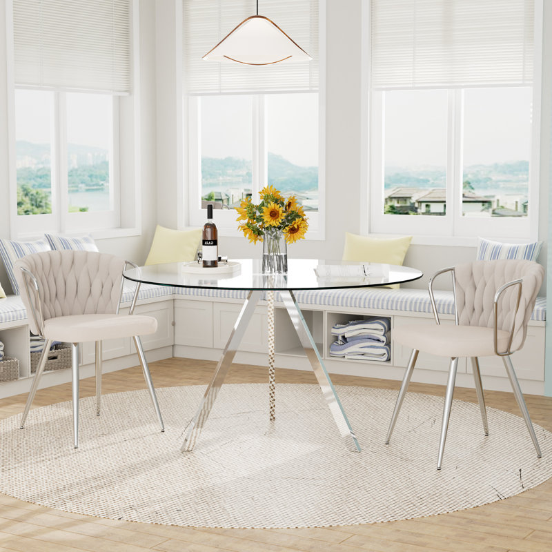 Ensemble de table ronde en verre pour 2 à 4 personnes, H 29,5 po x l 47 po x P 47 po, 3 pièces: table, 2 chaises, Beige
