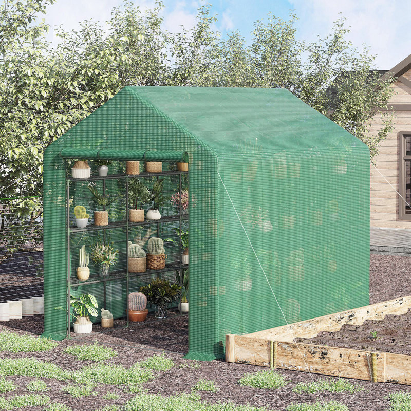 Walk-In Greenhouse For Outdoors With Roll-Up Zipper Door, 18 Shelves, PE Cover, Green, 82.75" H x 95.25" W x 70.75" D