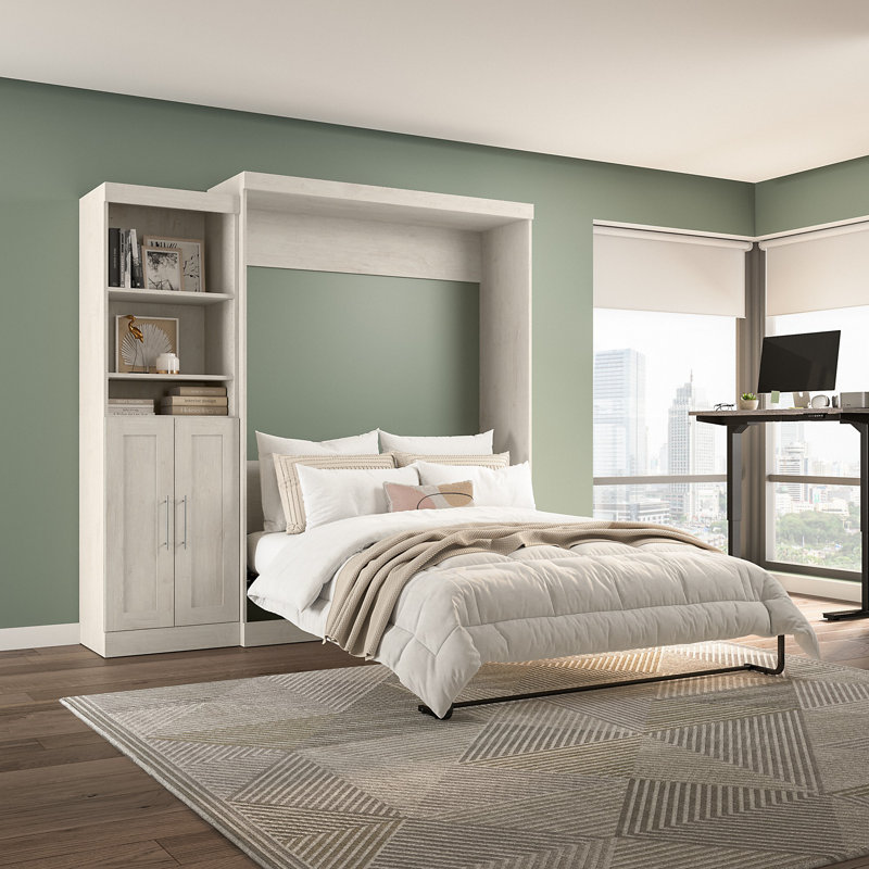 Arlex Bed and Storage Unit with Doors (89W), Linen White Oak, Queen