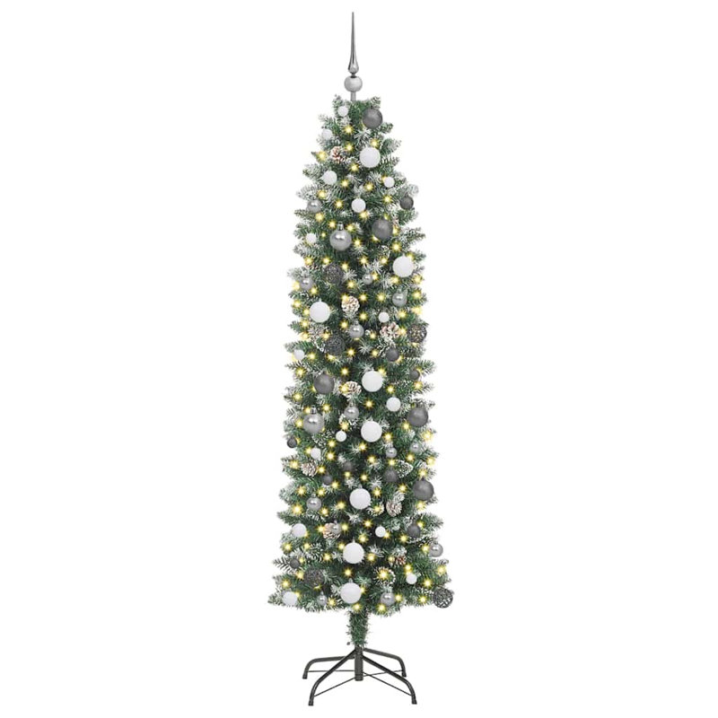 vidaXL Artificial Slim Christmas Tree with 150 LEDs Green, White, 6.89 ft