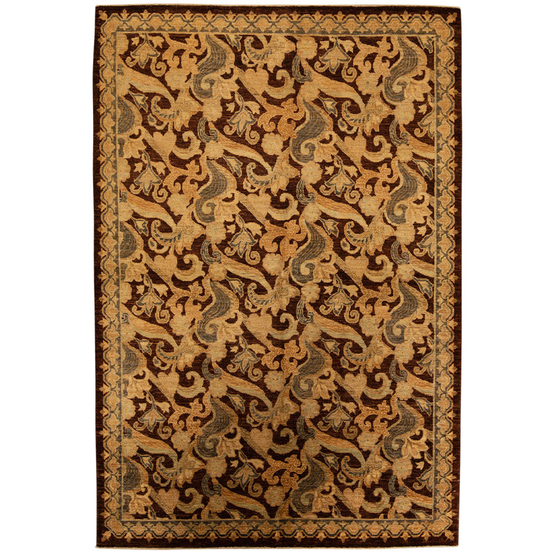 Tapis brun / jaune de haute qualité noué à la main
