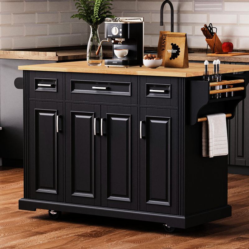 Kitchen Island With Lockable Wheels And Panel, Black Cart Rubber Wood Drop Leaf 3 Deep Drawers, Black