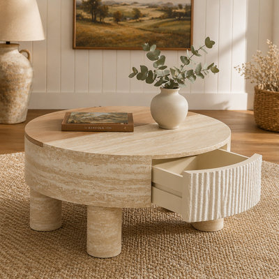 Table basse ronde avec plateau rabattable et compartiment de rangement caché