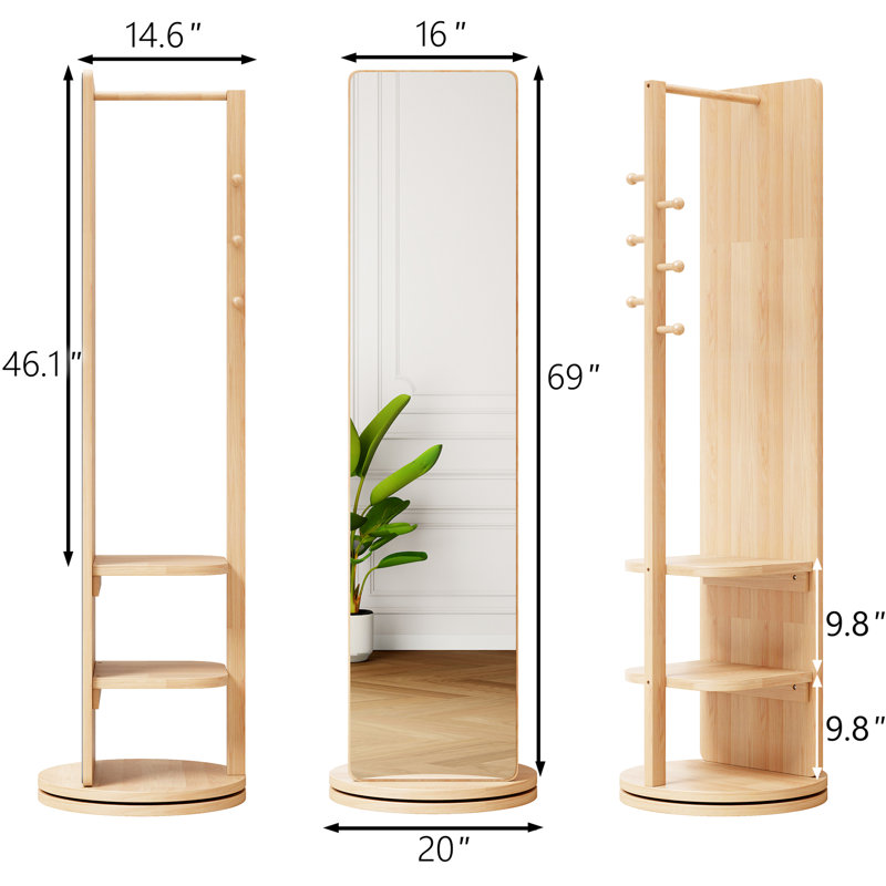 Miroir pivotant sur 360 ° en bois massif avec rangement et crochet, idéal pour le portemanteau, le vestiaire