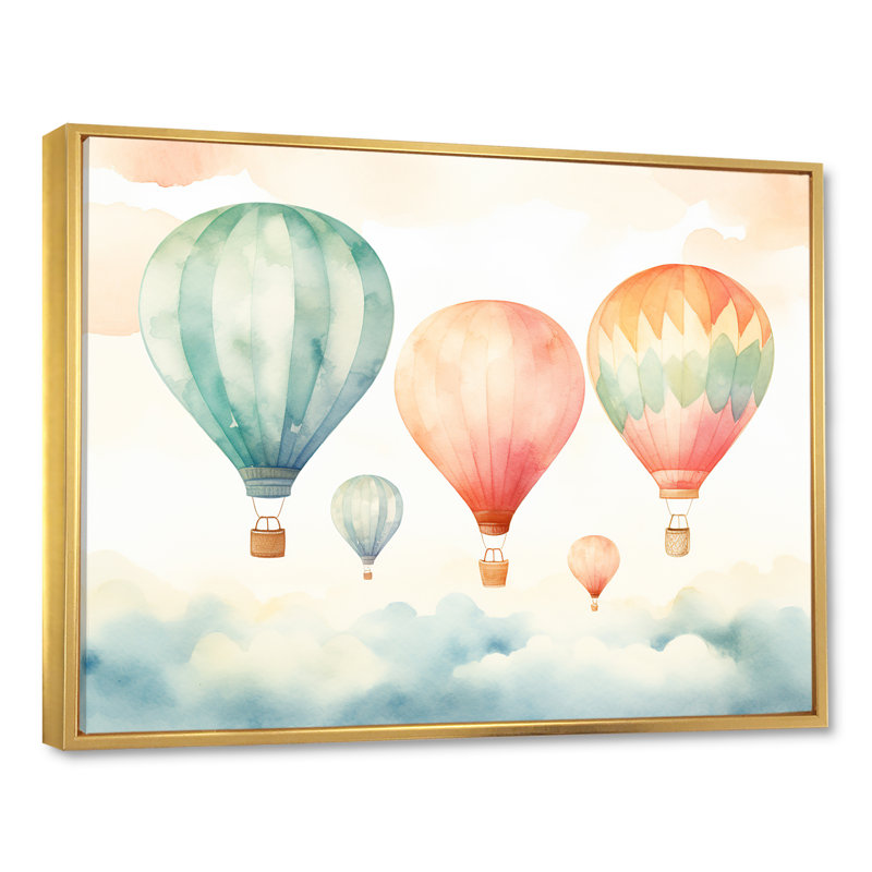 Vert et rouge, aquarelle, montgolfière Horizon I - montgolfière, art mural, Cadre flottant doré, H 34 po x l 44 po x P 1,5 po