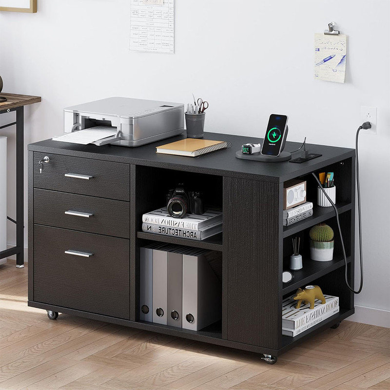 Black Wood Mobile Lateral Filing Cabinet with Lock and Charging Station