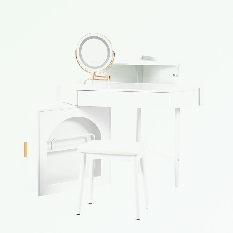 Corner Makeup Vanity Desk With Adjustable Folding Mirror, 3-color Led Lighting, Adequate Storage And Stool, White