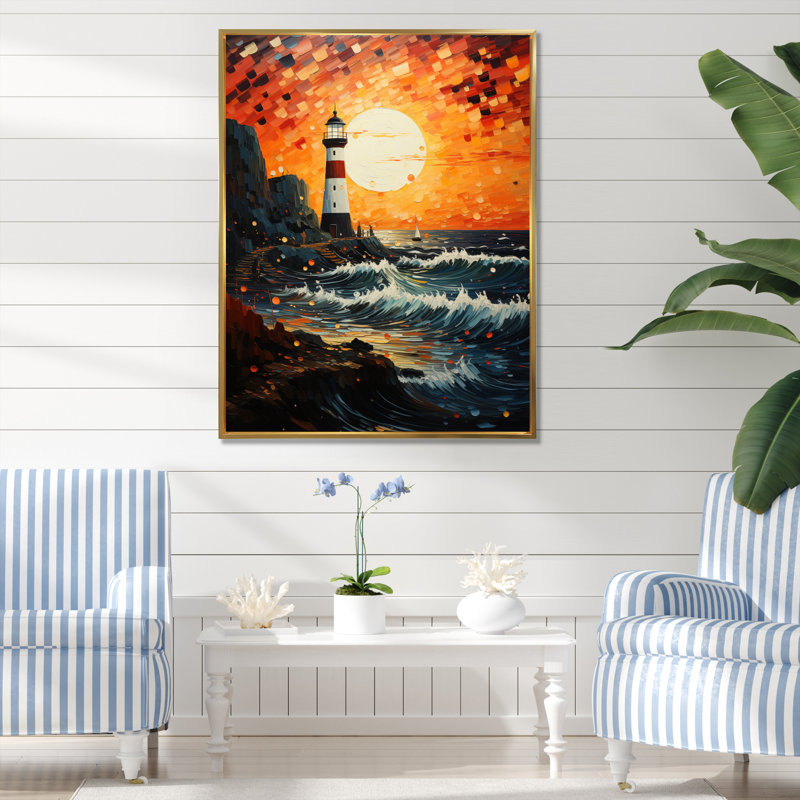Phare d'Ilanna - guidant le pointillisme IV - reproduction sur toile, H 32 po x l 24 po x P 1 po, Cadre flottant doré