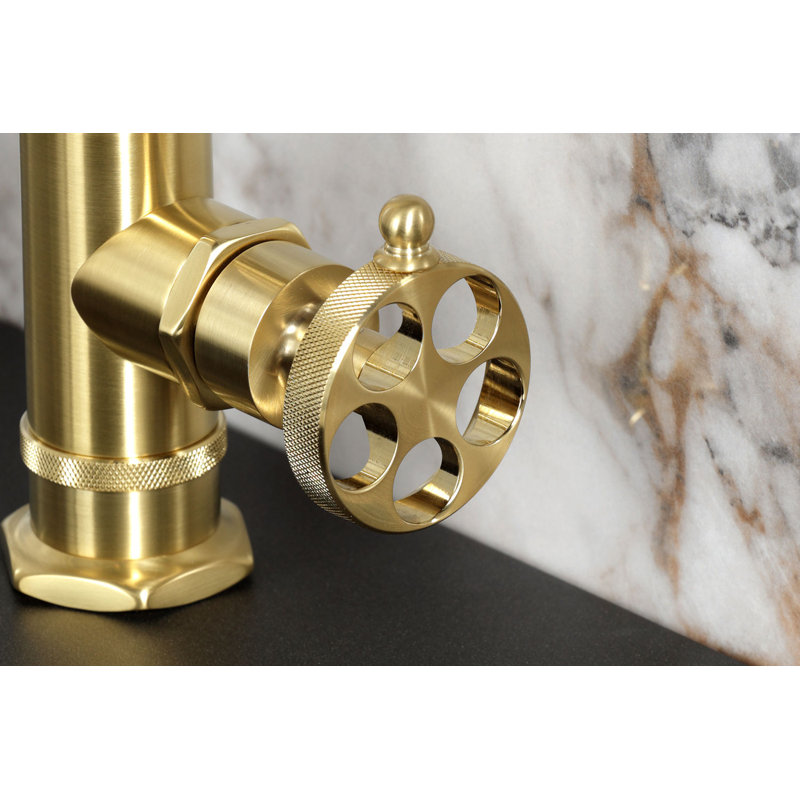 Robinet de salle de bain 1 trou à fixation sur le comptoir avec poignée moletée et bonde à poussoir Kingston, Laiton brossé
