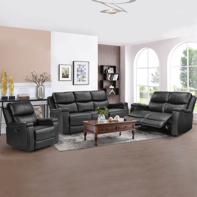 Ilkeston 3-Piece Manual Reclining Faux Leather Living Room Set with Built-in Cupholder, Midnight