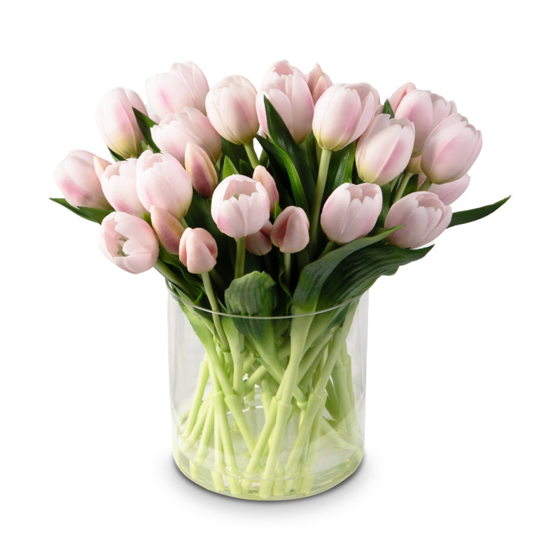Silk Tulip Arrangement In Vase, Pink, 11.8" H x 5.7" W 5.7" D