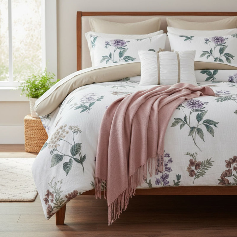 Ensemble d'édredon imprimé 7 pièces avec jeté en jeté de coton taupe / rosé / grand