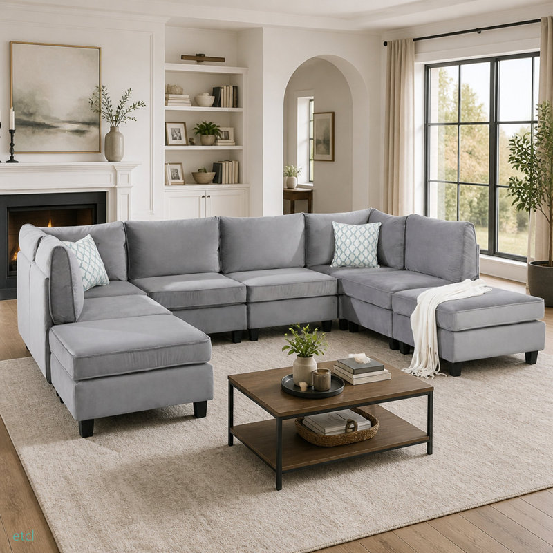 120" Grey Velvet 8Pc Modular Sectional Sofa