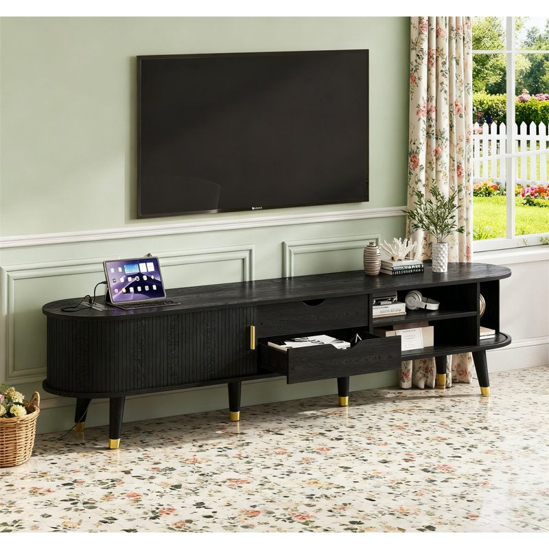 Meuble télé ovale en bois avec station de charge, Noir