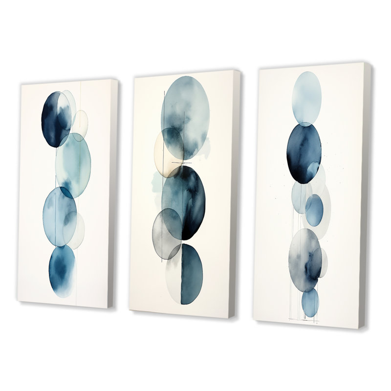 «Circular Simplicity Watercolor In Retro Blue V», 3 pièces sur toile, Toile tendue, H 40 po x l 60 po