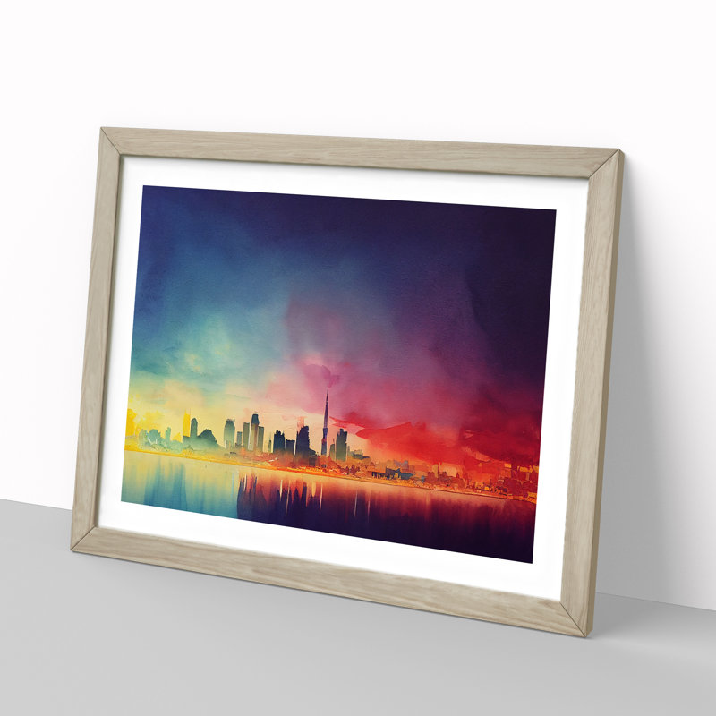 Skyline City Watercolour - Framed Print, 34cm H x 46cm W x 2cm D, Oak Framed