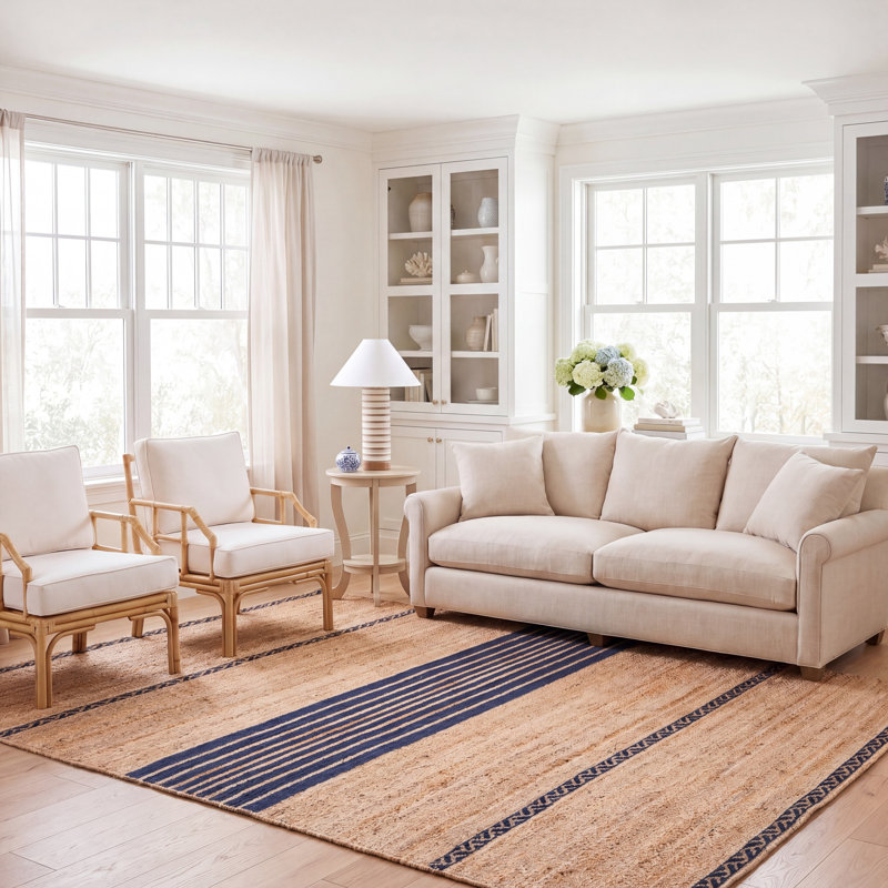 Koriana Natural Fiber Hand Loomed Jute/Cotton Striped Rug in Natural/Navy, Rectangle 8' x 10'