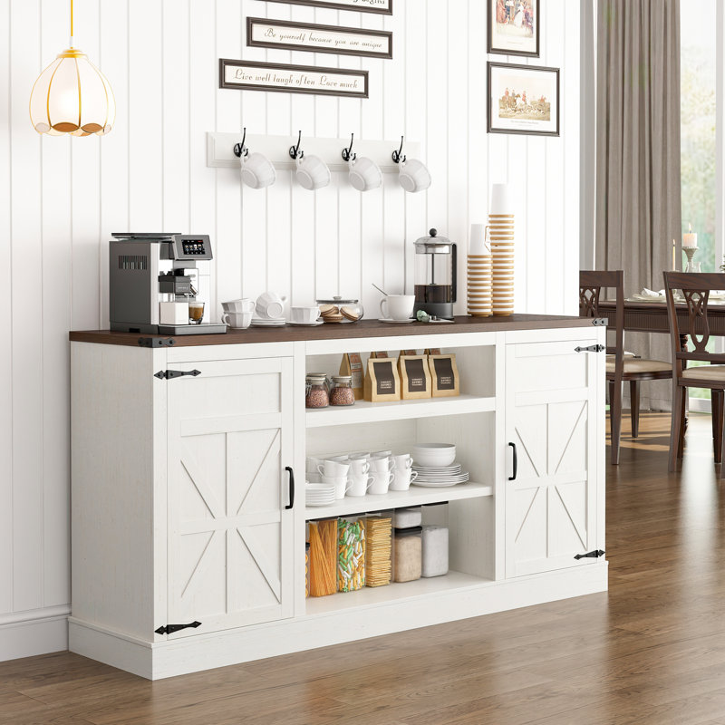 Shondalyn 66'' Wood Sideboard Buffet With Cabinet and Shelves, White/Brown