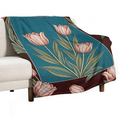 Pink Tulips On Teal Luxury Flannel Throw Blanket, Soft Warm Fuzzy Blanket for Living Room Sofa Bed Home Decor