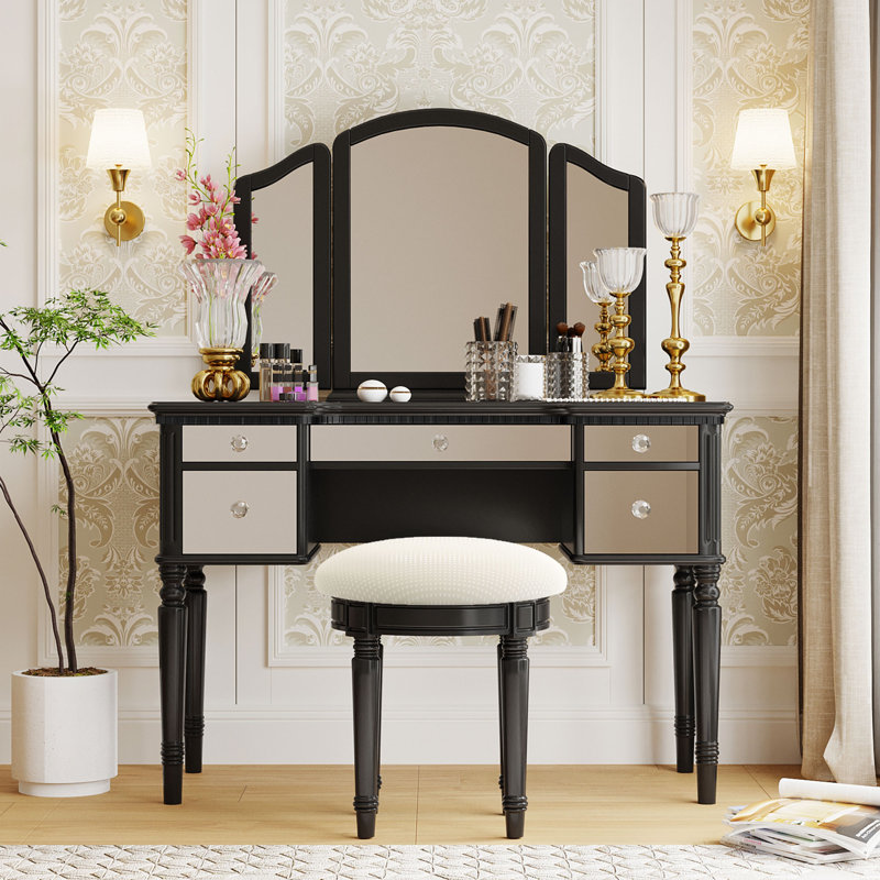  Ensemble de coiffeuse 43 "avec tiroirs en miroir et tabouret, miroir à trois volets, ensemble de coiffeuse pour la chambre à coucher, noir