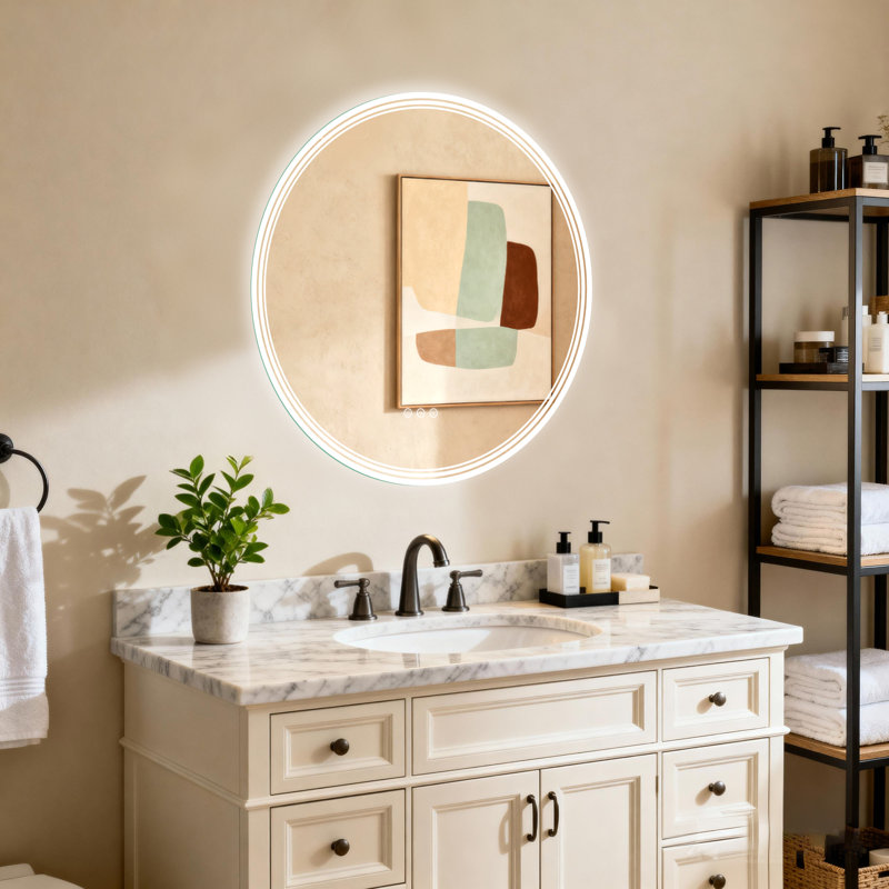 Miroir de salle de bain rond à DEL sans cadre rétro éclairé avec lumières, 30 po x 30 po, Rond