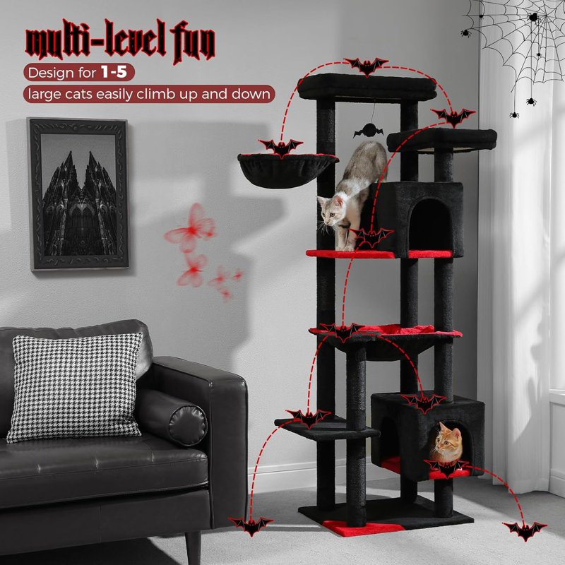 69" Black Sisal Cat Tree Tower with Hammock and Condos