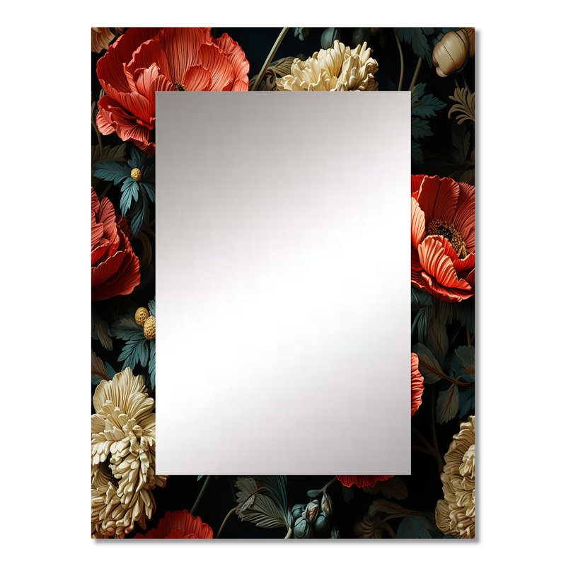 Deep Red And Beige Floral Blooms - Floral Mirror Wall Decor, 32" x 24"