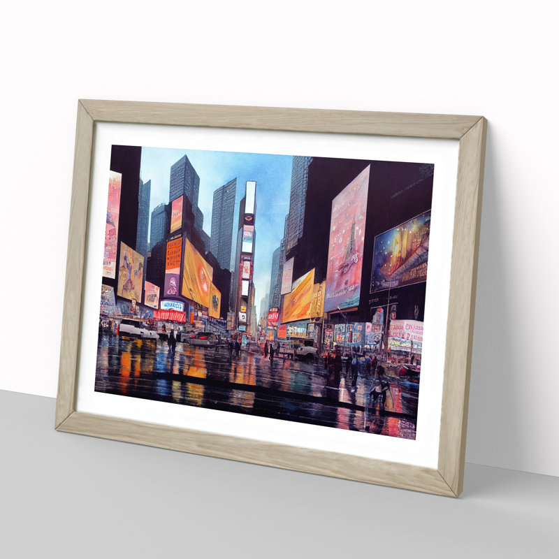 Times Square New York Watercolour Vol.1 - Single Picture Frame Print, Oak Framed, 46cm H x 64cm W x 2cm D