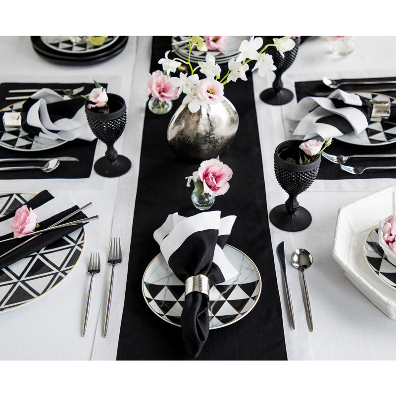 Festive Edge Linen Table Runner, Black/Silver Shimmer Border, 36" x 14"