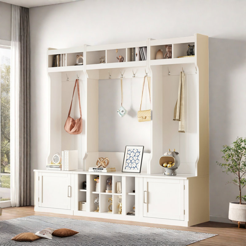 4-in-1 Multi-functional Hall Tree With Coat Rack, Bench, Shoe Cubbies And Open Compartments, White
