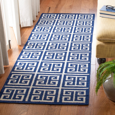 Rodgers Hand Woven Flat Weave Banana Silk/Wool/Cotton Geometric Rug in Navy/Ivory