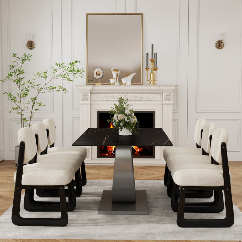 Ensemble de salle à manger 9 pièces en bois fritté moderne avec 6 chaises en bois massif à structure en U, Black, Black