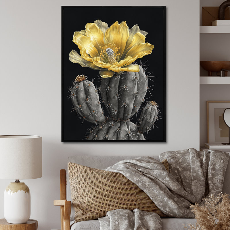 «Roylee Yellow Green Cactus Flower V», reproduction sur toile, H 20 po x l 12 po x P 1 po, Cadre flottant noir