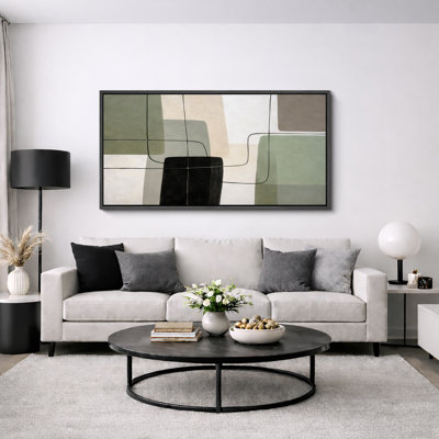 Abstract Green Beige Geometric Line Artwork, Modern Living Room Pictures, Framed Canvas Giclee Print Wall Art